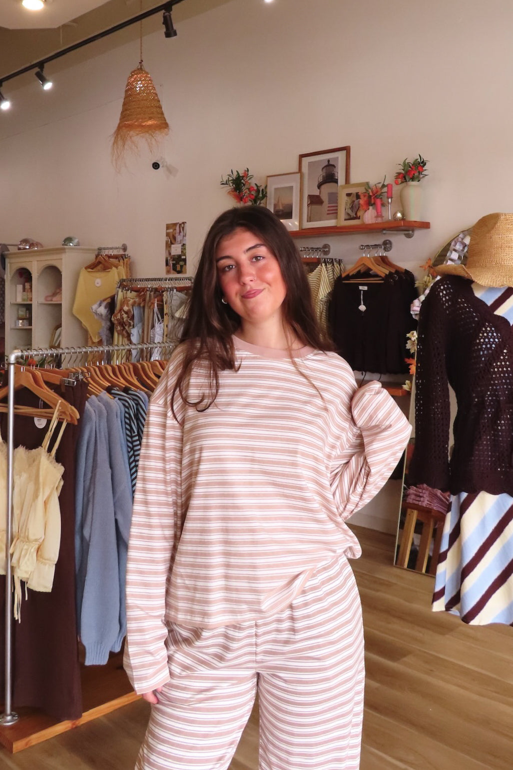 Tan, striped top with crew neckline, long sleeves, and drop shoulder | Pixelated Boutique, Boutique Shopping in Virginia Beach, Loungewear Set, Chic Lounge Set, Matching Lounge Set, Women’s Loungewear, Lounge Set for Winter, Cozy Fall Outfit, Fall Fashion, Winter Layering, Winter Lounge Pants for Women