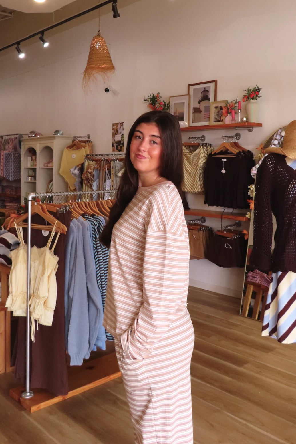 Tan, striped top with crew neckline, long sleeves, and drop shoulder | Pixelated Boutique, Boutique Shopping in Virginia Beach, Loungewear Set, Chic Lounge Set, Matching Lounge Set, Women’s Loungewear, Lounge Set for Winter, Cozy Fall Outfit, Fall Fashion, Winter Layering, Winter Lounge Pants for Women