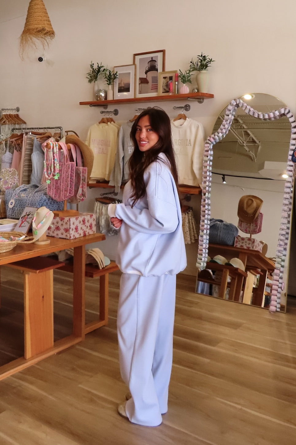 Blue and white, striped sweatpants with wide leg, elastic waist, contrast band, and side pockets.

By Sunkissed Coconut