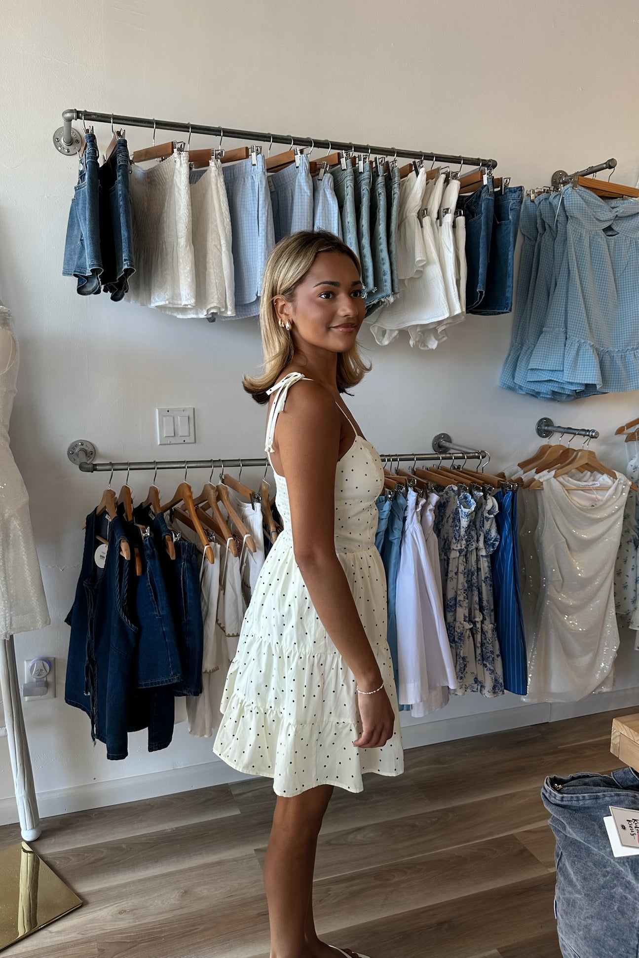 Pixelated Boutique, Women's Clothing, Women's Jewelry and Gifts, Online Shopping for Women, Virginia Beach Clothing Stores, Clothing Stores in Virginia Beach, Aesthetic Fashion Trends, East Coast Fashion Styles, Sustainable Women's Clothing, Unique Gift Ideas for Women, Womens Style, Outfit Inspo, Nautical Summer, Beach Girl, Summer Outfit, Summer Inspo, Polka Dot white Dres, Mini Dress, Summer Dress