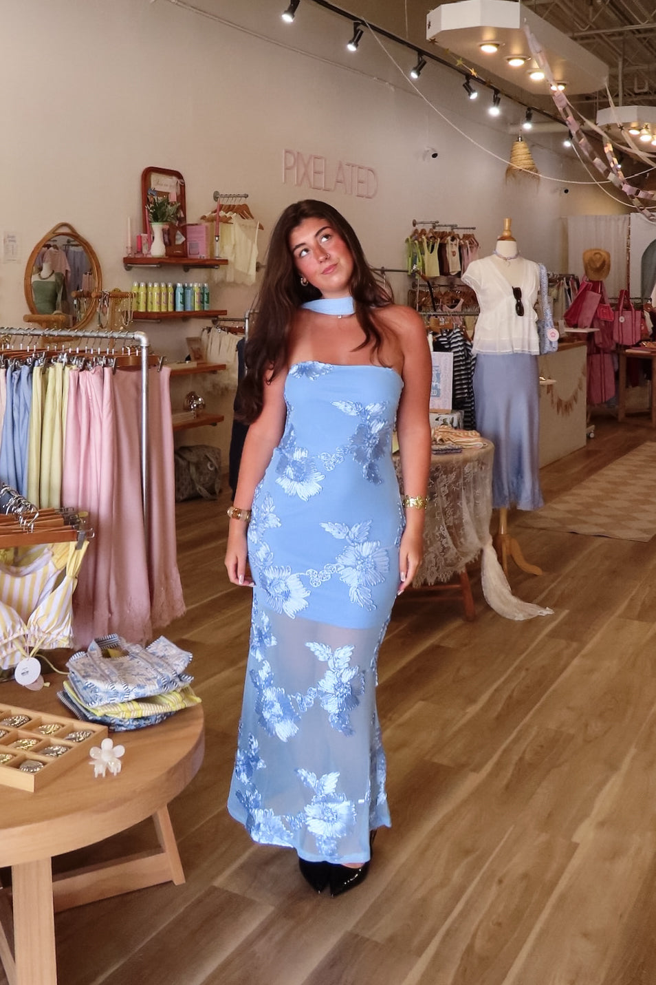 Blue, strapless maxi dress with floral embroidery, detachable neck scarf, open back, and mesh layer
