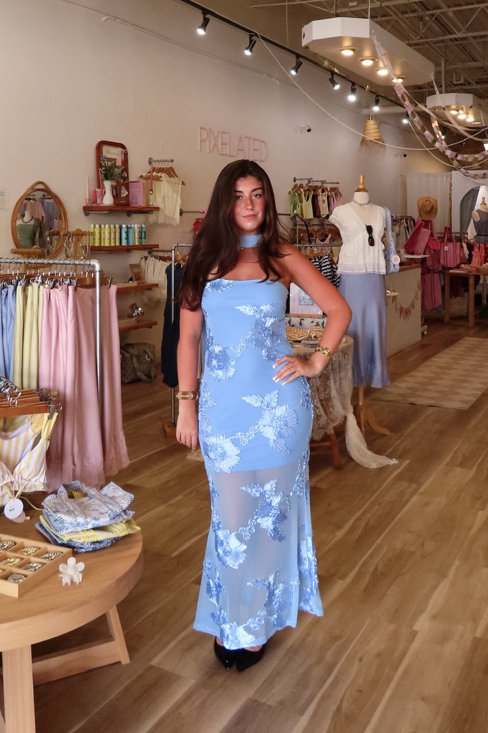 Blue, strapless maxi dress with floral embroidery, detachable neck scarf, open back, and mesh layer
