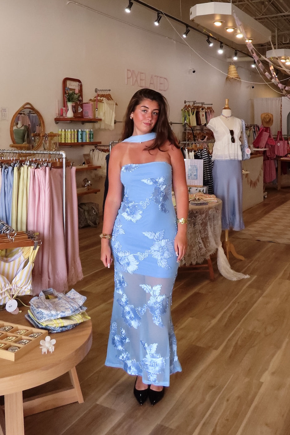 Blue, strapless maxi dress with floral embroidery, detachable neck scarf, open back, and mesh layer