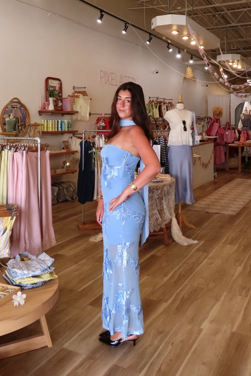 Blue, strapless maxi dress with floral embroidery, detachable neck scarf, open back, and mesh layer