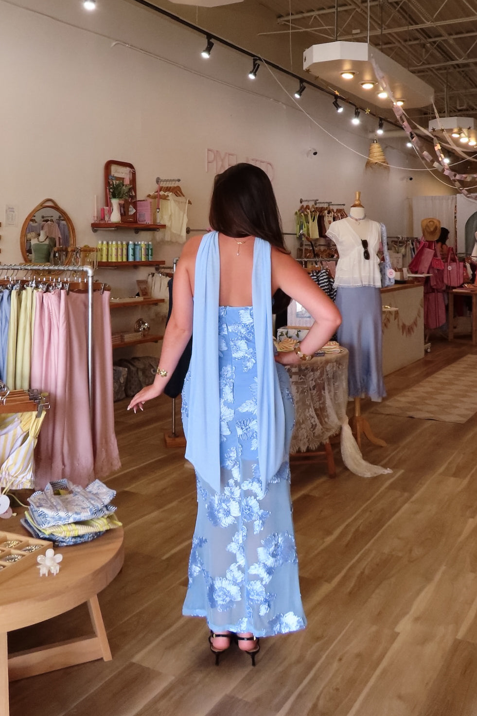 Blue, strapless maxi dress with floral embroidery, detachable neck scarf, open back, and mesh layer