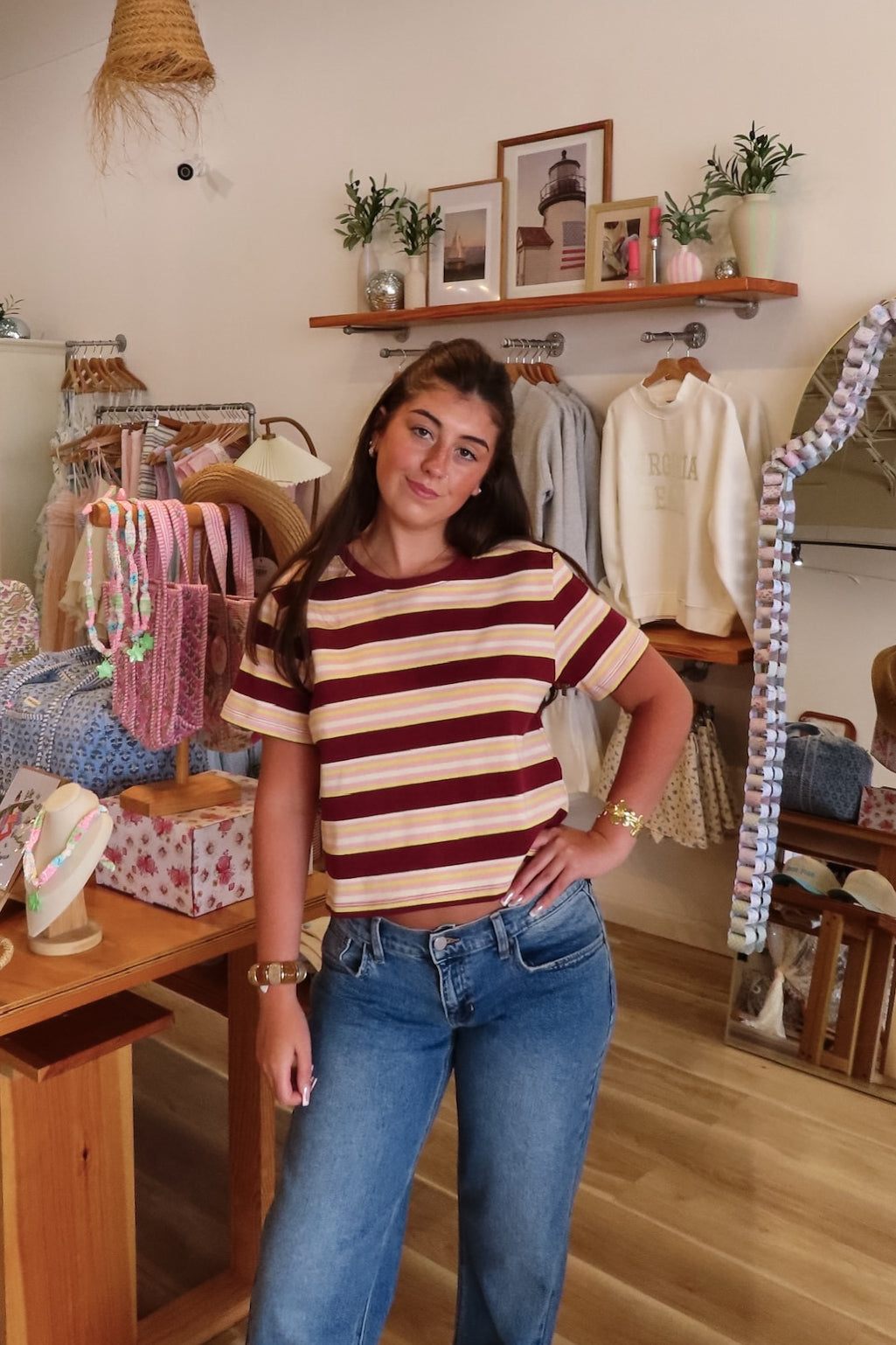 Red, yellow, white and pink striped boxy t-shirt with short sleeves and slight crop