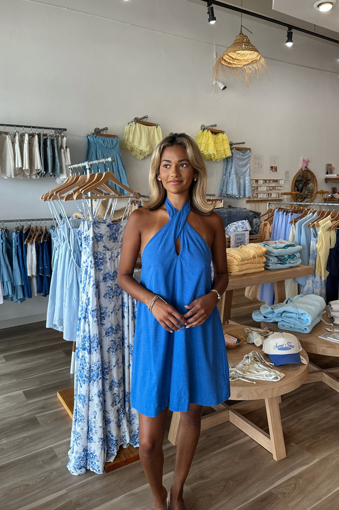 Pixelated Boutique, Women's Clothing, Women's Jewelry and Gifts, Online Shopping for Women, Virginia Beach Clothing Stores, Clothing Stores in Virginia Beach, Aesthetic Fashion Trends, East Coast Fashion Styles, Sustainable Women's Clothing, Unique Gift Ideas for Women, Womens Style, Outfit Inspo, Nautical Summer, Beach Girl, Summer Outfit, Summer Inspo, Summer Dress, Mini Dress, Blue Dress, Halter Dress