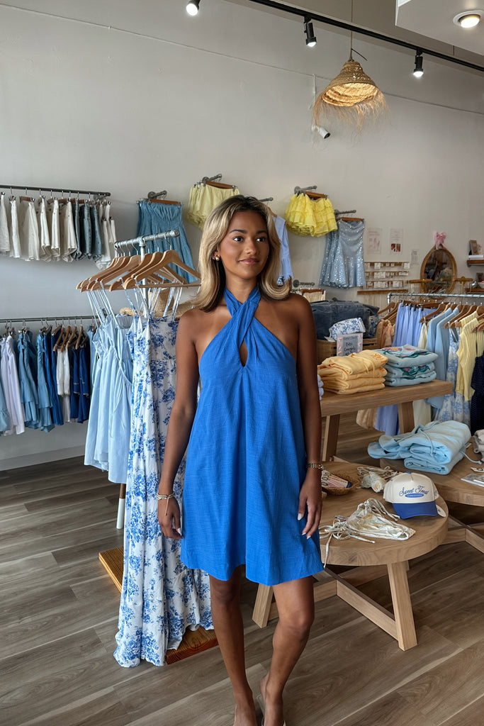 Pixelated Boutique, Women's Clothing, Women's Jewelry and Gifts, Online Shopping for Women, Virginia Beach Clothing Stores, Clothing Stores in Virginia Beach, Aesthetic Fashion Trends, East Coast Fashion Styles, Sustainable Women's Clothing, Unique Gift Ideas for Women, Womens Style, Outfit Inspo, Nautical Summer, Beach Girl, Summer Outfit, Summer Inspo, Summer Dress, Mini Dress, Blue Dress, Halter Dress