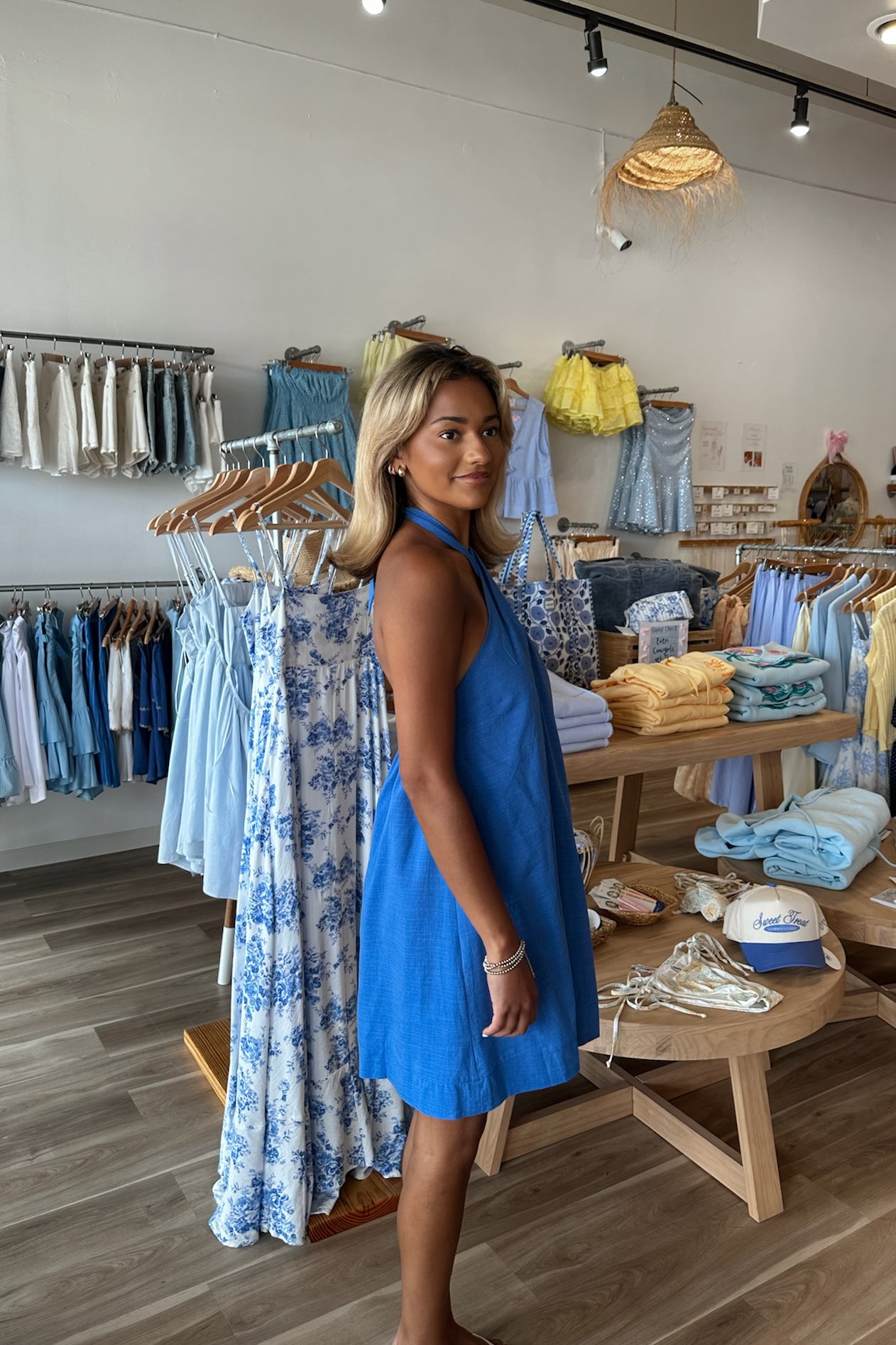 Pixelated Boutique, Women's Clothing, Women's Jewelry and Gifts, Online Shopping for Women, Virginia Beach Clothing Stores, Clothing Stores in Virginia Beach, Aesthetic Fashion Trends, East Coast Fashion Styles, Sustainable Women's Clothing, Unique Gift Ideas for Women, Womens Style, Outfit Inspo, Nautical Summer, Beach Girl, Summer Outfit, Summer Inspo, Summer Dress, Mini Dress, Blue Dress, Halter Dress