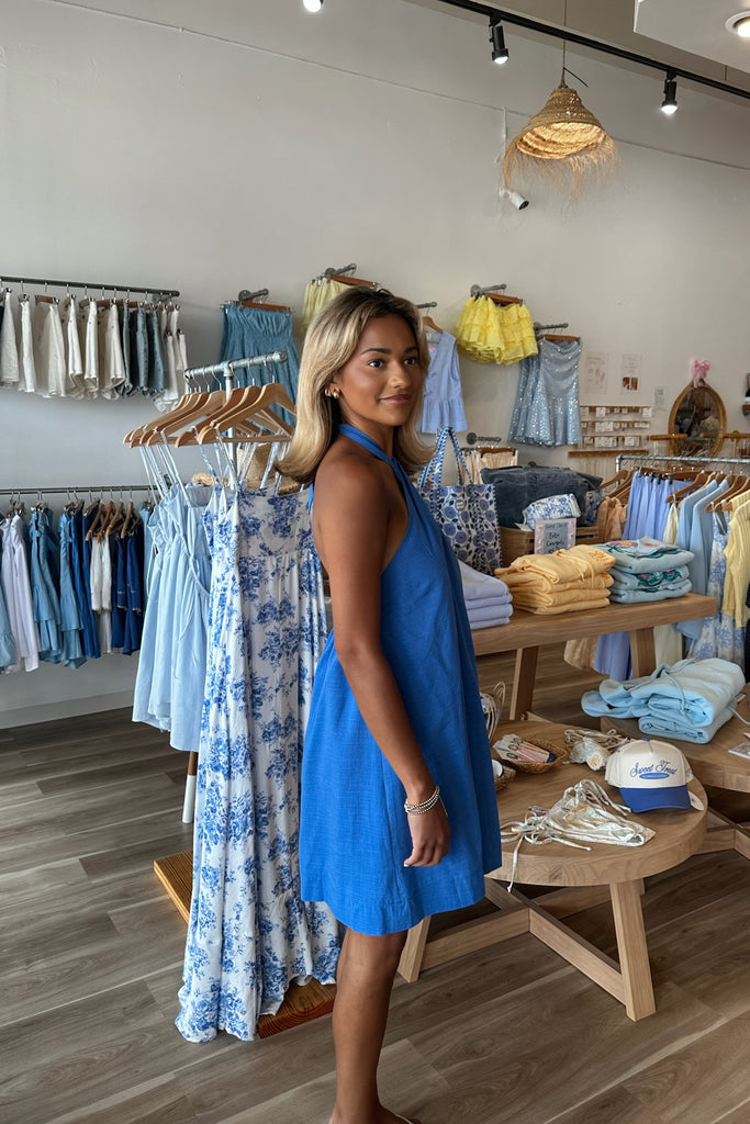 Pixelated Boutique, Women's Clothing, Women's Jewelry and Gifts, Online Shopping for Women, Virginia Beach Clothing Stores, Clothing Stores in Virginia Beach, Aesthetic Fashion Trends, East Coast Fashion Styles, Sustainable Women's Clothing, Unique Gift Ideas for Women, Womens Style, Outfit Inspo, Nautical Summer, Beach Girl, Summer Outfit, Summer Inspo, Summer Dress, Mini Dress, Blue Dress, Halter Dress