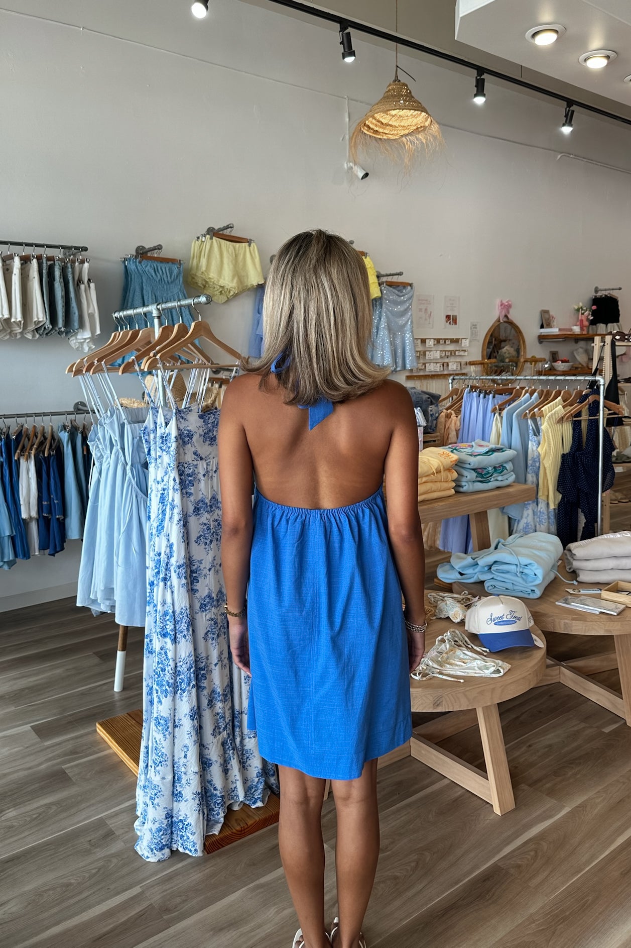Pixelated Boutique, Women's Clothing, Women's Jewelry and Gifts, Online Shopping for Women, Virginia Beach Clothing Stores, Clothing Stores in Virginia Beach, Aesthetic Fashion Trends, East Coast Fashion Styles, Sustainable Women's Clothing, Unique Gift Ideas for Women, Womens Style, Outfit Inspo, Nautical Summer, Beach Girl, Summer Outfit, Summer Inspo, Summer Dress, Mini Dress, Blue Dress, Halter Dress