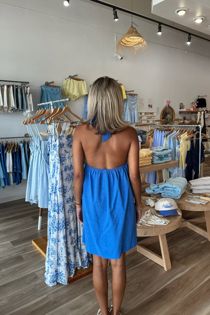 Pixelated Boutique, Women's Clothing, Women's Jewelry and Gifts, Online Shopping for Women, Virginia Beach Clothing Stores, Clothing Stores in Virginia Beach, Aesthetic Fashion Trends, East Coast Fashion Styles, Sustainable Women's Clothing, Unique Gift Ideas for Women, Womens Style, Outfit Inspo, Nautical Summer, Beach Girl, Summer Outfit, Summer Inspo, Summer Dress, Mini Dress, Blue Dress, Halter Dress