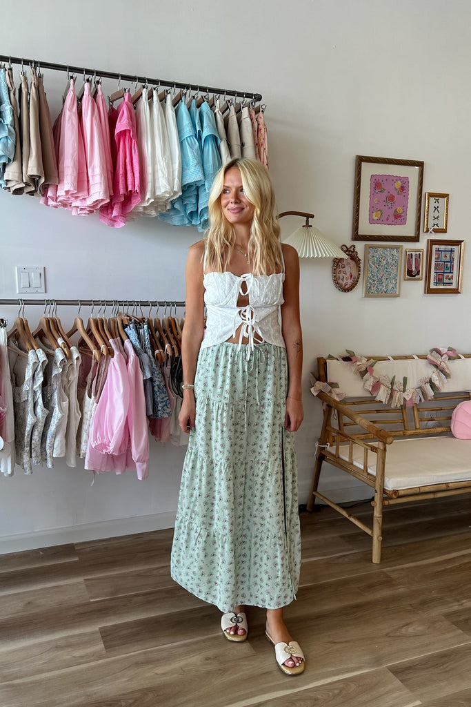 Green Floral Maxi Skirt, Pixelated Boutique, Women's Clothing, Women's Jewelry and Gifts, Online Shopping for Women, Latest Fashion Trends, Women's Boutique Clothing, Virginia Beach, Clothing Stores in Virginia Beach, Rush Dresses, Graduation Dresses, Cute Clothes, Aesthetic Trends, Quality Jewelry, East Coast Styles, College Styles, Summer Styles, Swimwear