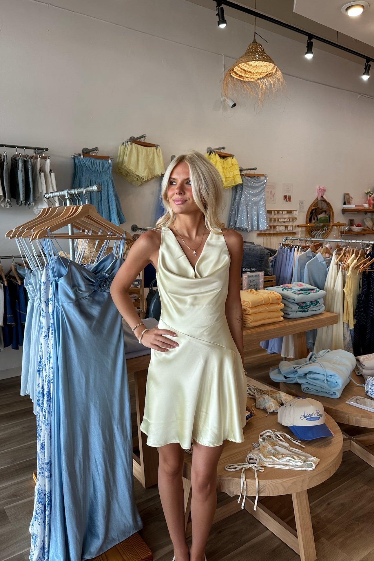 Pixelated Boutique, Women's Clothing, Women's Jewelry and Gifts, Online Shopping for Women, Virginia Beach Clothing Stores, Clothing Stores in Virginia Beach, Aesthetic Fashion Trends, East Coast Fashion Styles, Sustainable Women's Clothing, Unique Gift Ideas for Women, Womens Style, Outfit Inspo, Nautical Summer, Beach Girl, Summer Outfit, Summer Inspo, Summer Dress, Mini Dress, Butter Yellow, Satin Dress