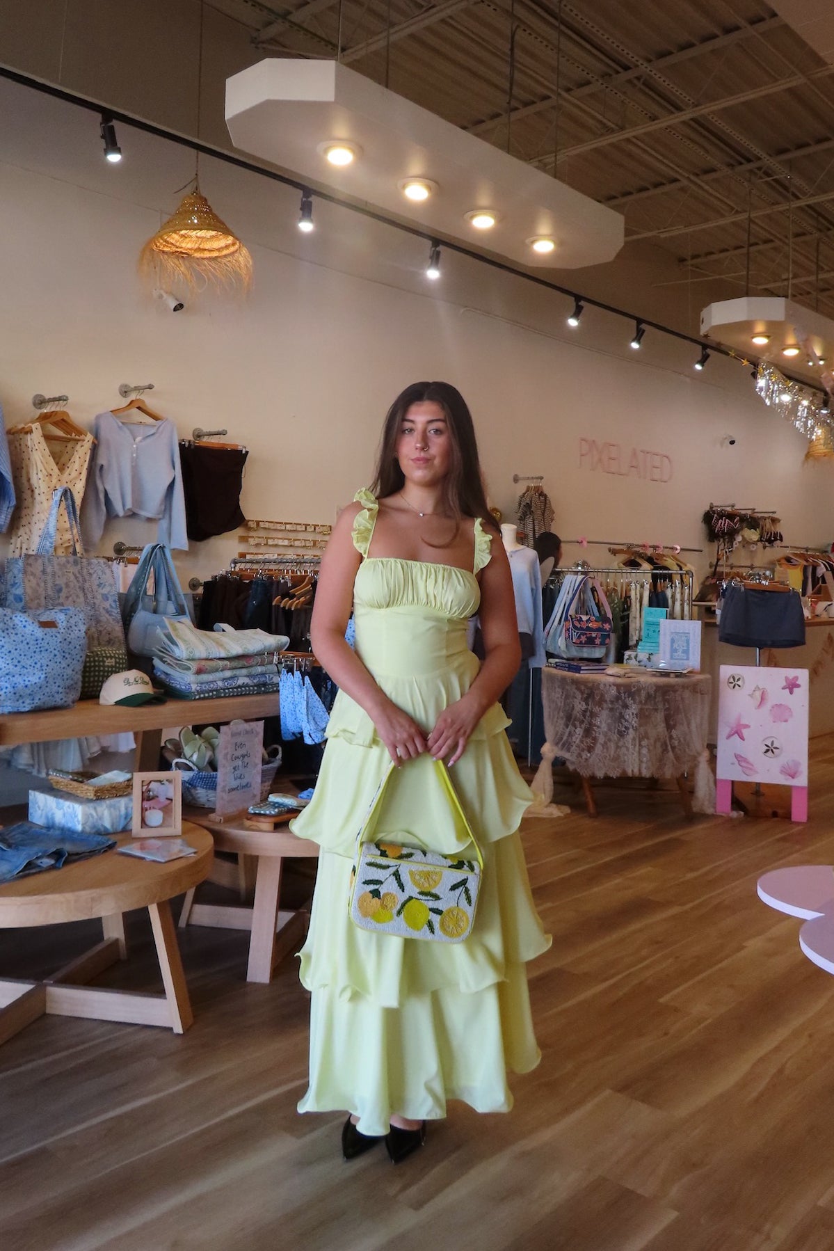Pixelated Boutique, Women's Clothing, Online Shopping for Women, Fashion Trends 2026, Outfit Inspo, Virginia beach clothing stores, clothing stores in Virginia Beach, fashion outfits, fashion Inspo, women’s outfit 2026, outfit ideas, fashion, spring aesthetic, women’s spring outfit, spring style, spring break, maxi dress, yellow tiered dress, wedding guest dress 
