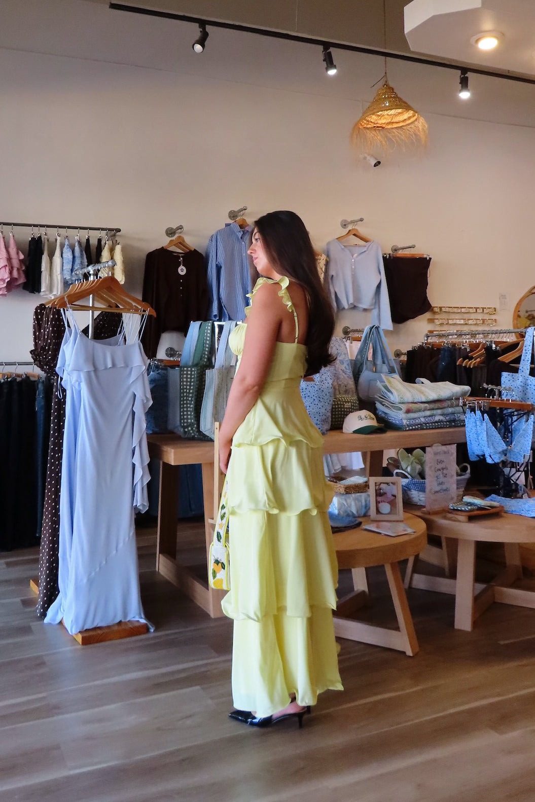 Pixelated Boutique, Women's Clothing, Online Shopping for Women, Fashion Trends 2026, Outfit Inspo, Virginia beach clothing stores, clothing stores in Virginia Beach, fashion outfits, fashion Inspo, women’s outfit 2026, outfit ideas, fashion, spring aesthetic, women’s spring outfit, spring style, spring break, maxi dress, yellow tiered dress, wedding guest dress 