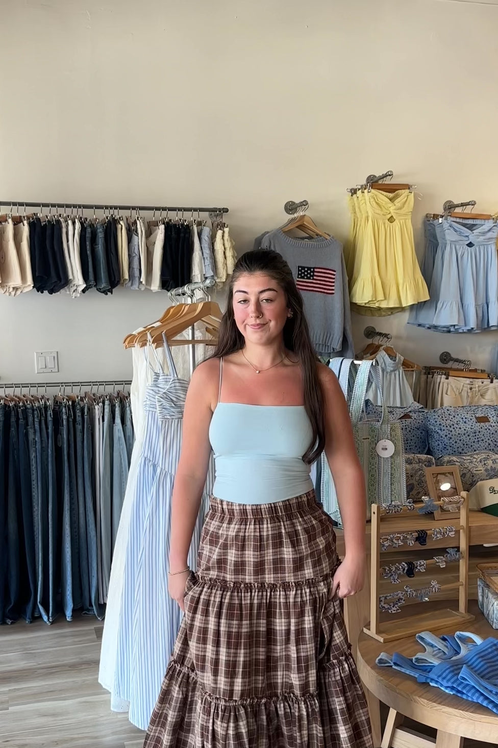 Blue, ribbed tank top with square neckline and spaghetti straps