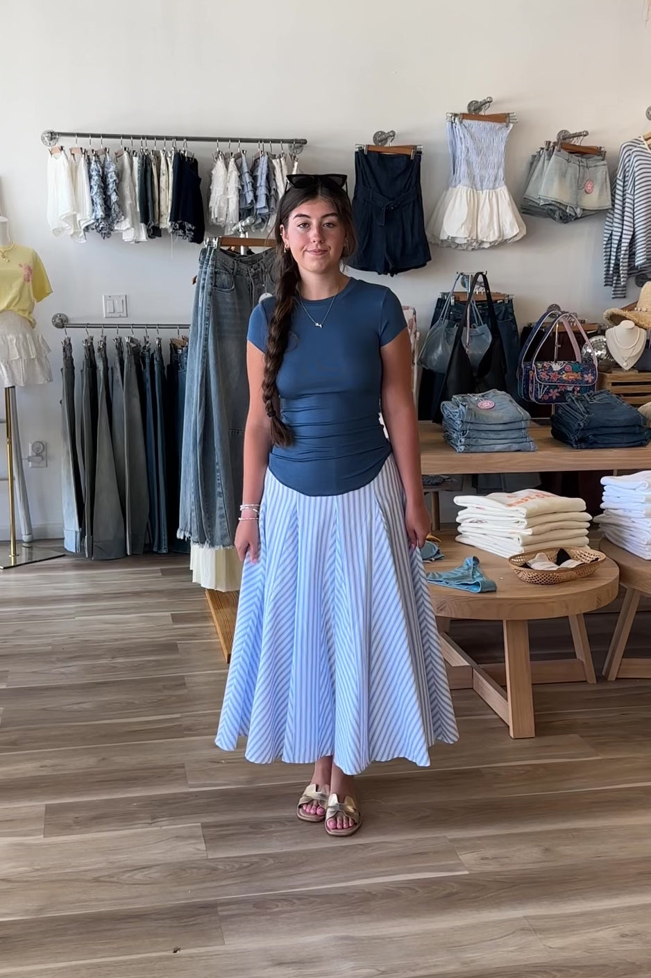 Blue Striped Midi Skirt, Pixelated Boutique, Women's Clothing, Women's Jewelry and Gifts, Online Shopping for Women, Virginia Beach Clothing Stores, Aesthetic, East Coast Fashion Styles, Women's Clothing, Fall Fashion, Fall Outfit Ideas, Fall Fashion Inspiration, Womens Style, Outfit Inspo, Back to School Styles, OOTD