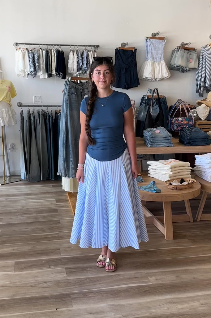 Blue Striped Midi Skirt, Pixelated Boutique, Women's Clothing, Women's Jewelry and Gifts, Online Shopping for Women, Virginia Beach Clothing Stores, Aesthetic, East Coast Fashion Styles, Women's Clothing, Fall Fashion, Fall Outfit Ideas, Fall Fashion Inspiration, Womens Style, Outfit Inspo, Back to School Styles, OOTD