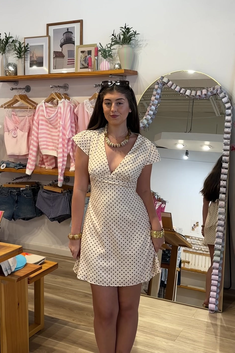 Cream, polka dot mini dress with V neckline, cap sleeves, and back tie, beach fashion, beach outfits, women’s boutique clothing, boutique clothing for women, coastal cowgirl outfits, coastal aesthetic clothing, business casual, concert outfit, 2000s fashion, western outfits