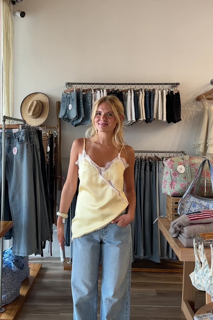 Yellow, satin cami top with lace trim, asymmetrical hem, adjustable straps, and side zipper, women’s lace going out top, date night lace top, asymmetrical hem top, girls night out top, vacation dinner outfit top