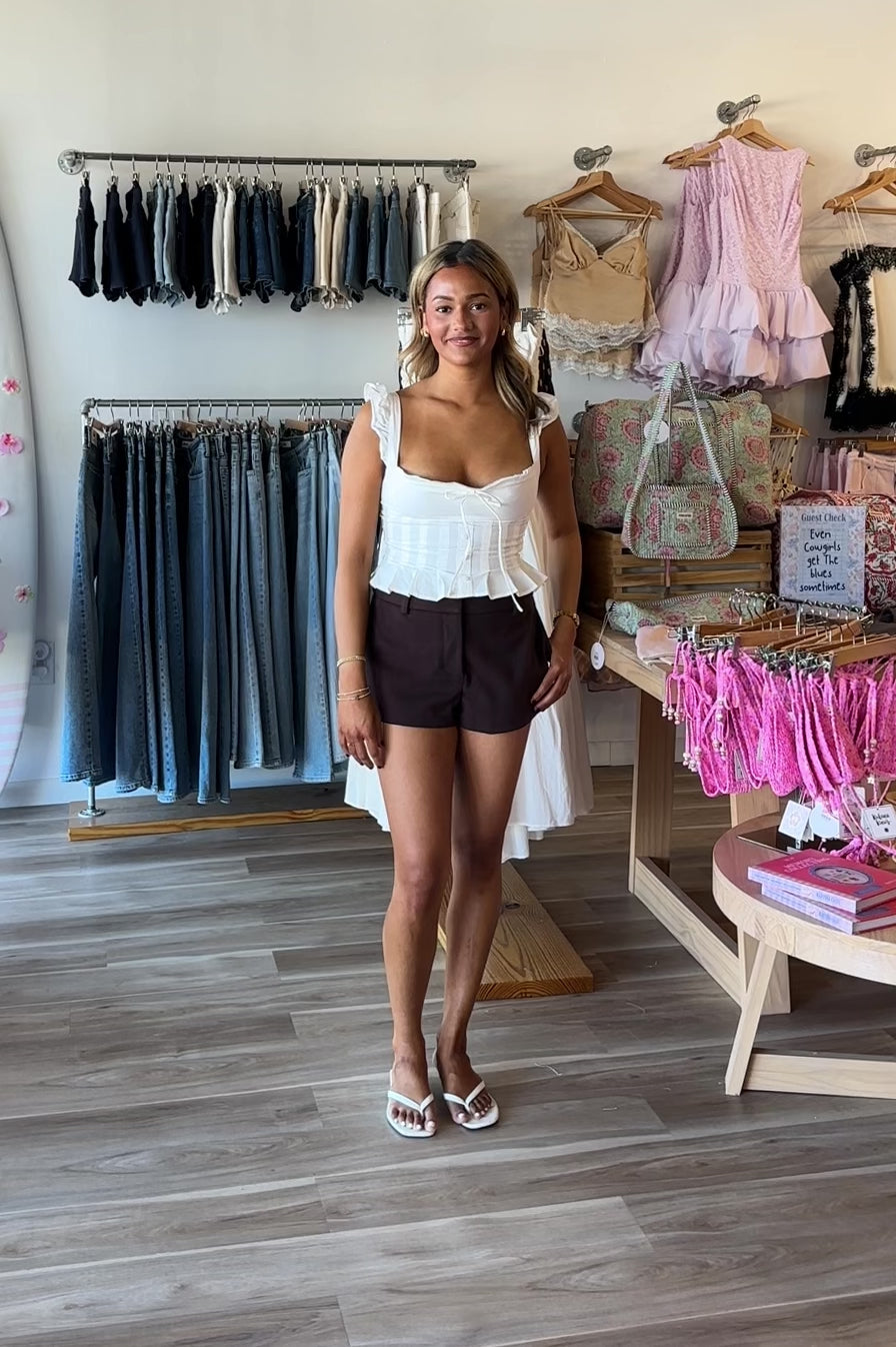 Brown, tailored micro short with mid rise, front zipper and hook, pockets, and lining
757 Boutique, Online Shopping for Women, summer aesthetic, brunch outfit, vacation style, vacation outfits, beach boutique, beach fashion, beach outfits, women’s boutique clothing, boutique clothing for women, coastal cowgirl outfits, coastal aesthetic clothing, business casual, concert outfit, 2000s fashion, western outfits