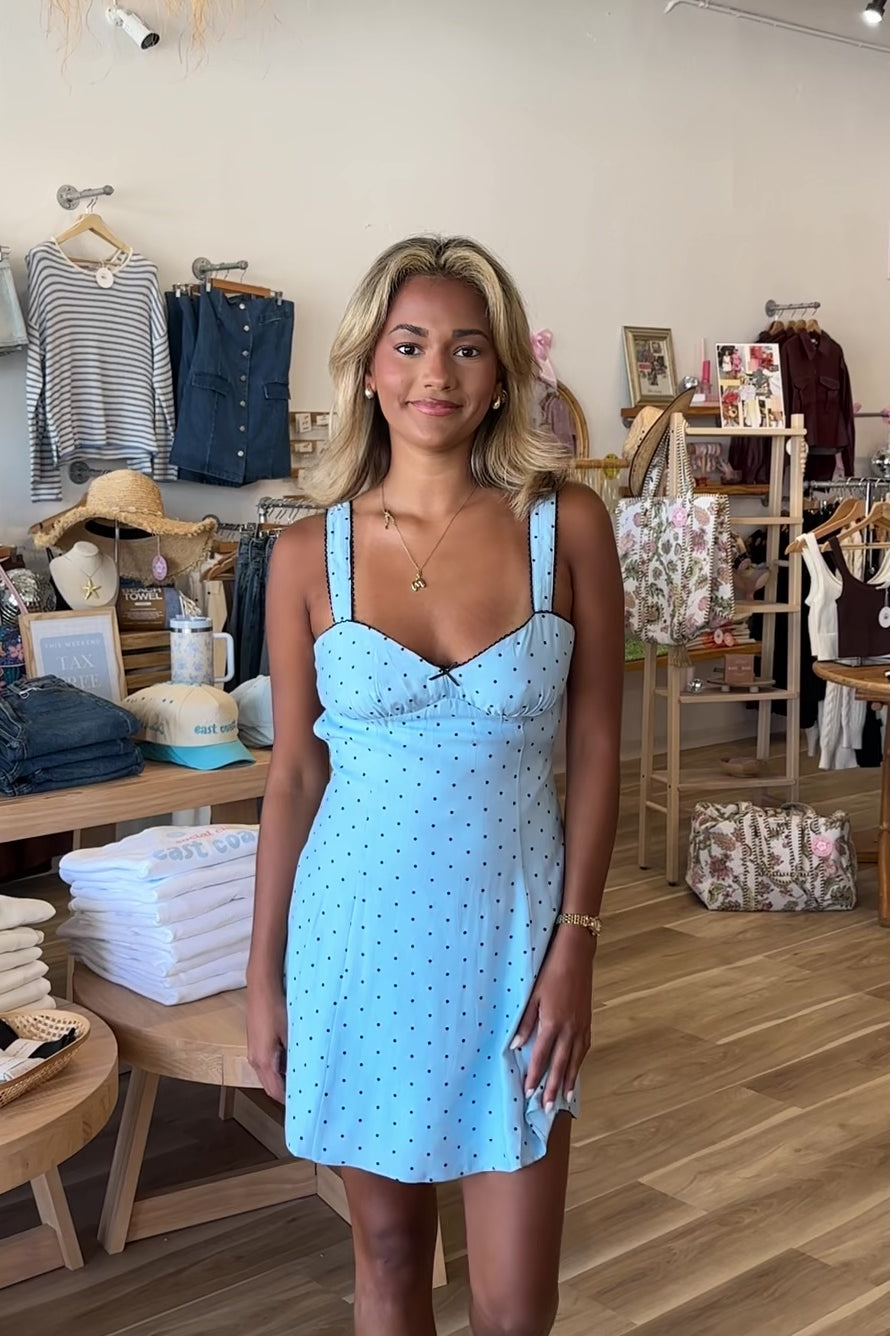 Polka Dot Blue Mini Dress, Pixelated Boutique, Women's Clothing, Women's Jewelry and Gifts, Online Shopping for Women, Virginia Beach Clothing Stores, Aesthetic, East Coast Fashion Styles, Women's Clothing, Fall Fashion, Fall Outfit Ideas, Fall Fashion Inspiration, Womens Style, Outfit Inspo, Back to School Styles, ootd, Rush Dress