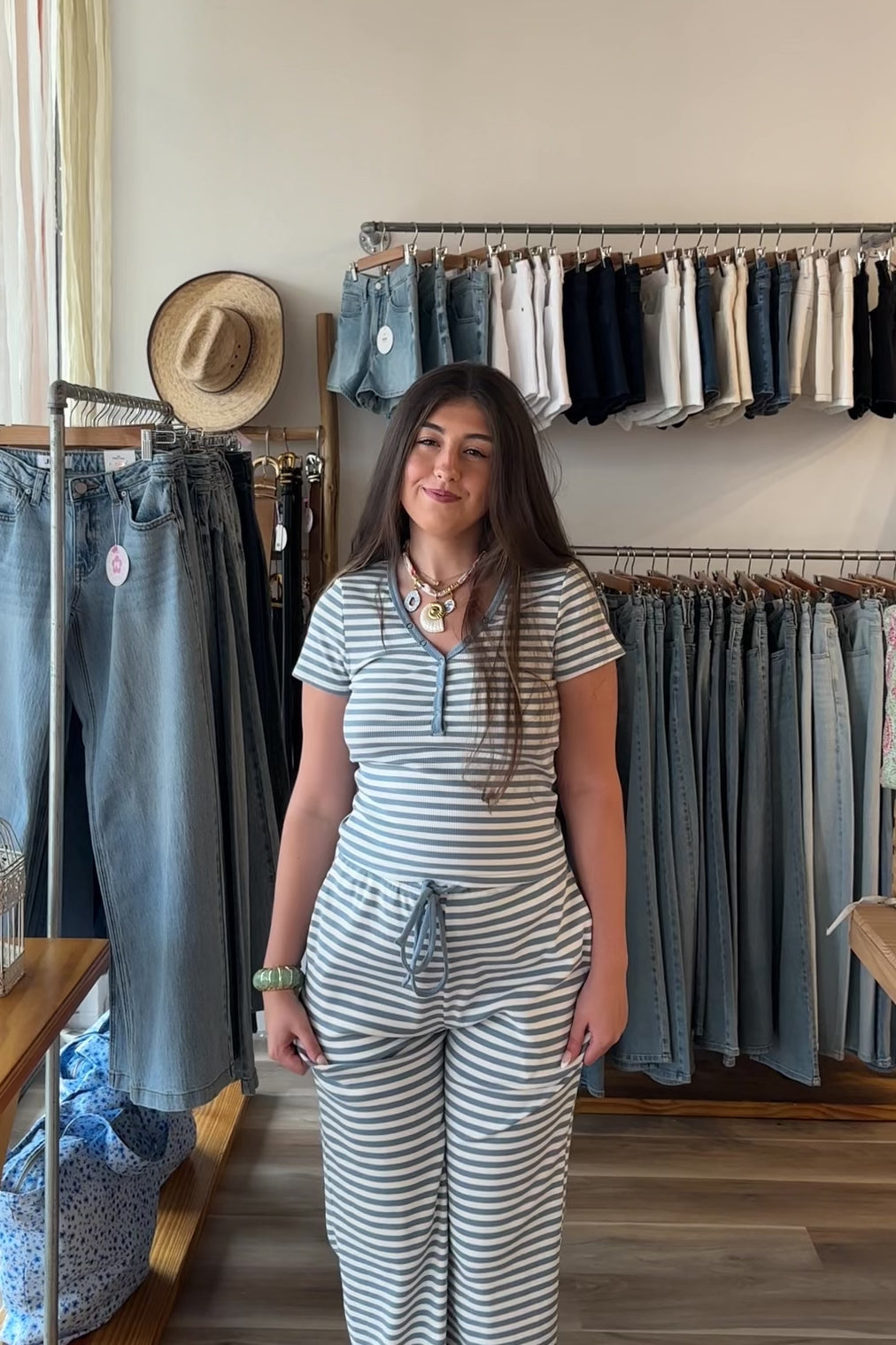 Blue, striped top with snap buttons and short sleeves, coastal striped matching set, striped lounge set, matching set for summer, co-ord lounge set, cozy summer outfit, beach fashion, summer 2026 fashion trends, trendy matching set