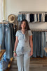 Blue, striped top with snap buttons and short sleeves, coastal striped matching set, striped lounge set, matching set for summer, co-ord lounge set, cozy summer outfit, beach fashion, summer 2026 fashion trends, trendy matching set