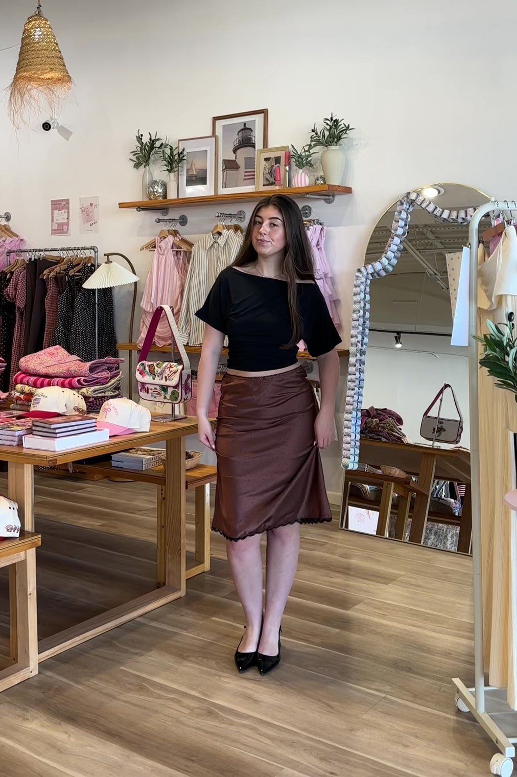 Pixelated Boutique, Women's Clothing, Online Shopping for Women, Fashion Trends 2026, Outfit Inspo, Virginia beach clothing stores, clothing stores in Virginia Beach, fashion outfits, fashion Inspo, women’s outfit 2026, outfit ideas, fashion, spring aesthetic, women’s spring outfit, spring style, spring break, polka dot skirt, satin skirt, midi skirt, neutral style, classy style 