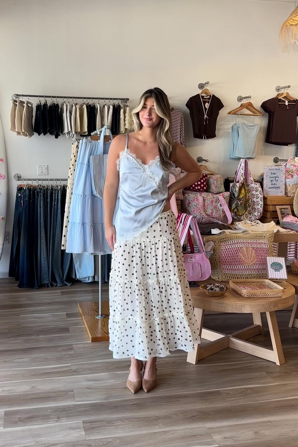 Cream, polka dot lined maxi skirt with ruffled tiers and elastic waistband
757 Boutique, Online Shopping for Women, summer aesthetic, brunch outfit, vacation style, vacation outfits, beach boutique, beach fashion, beach outfits, women’s boutique clothing, boutique clothing for women, coastal cowgirl outfits, coastal aesthetic clothing, business casual, concert outfit, 2000s fashion, western outfits