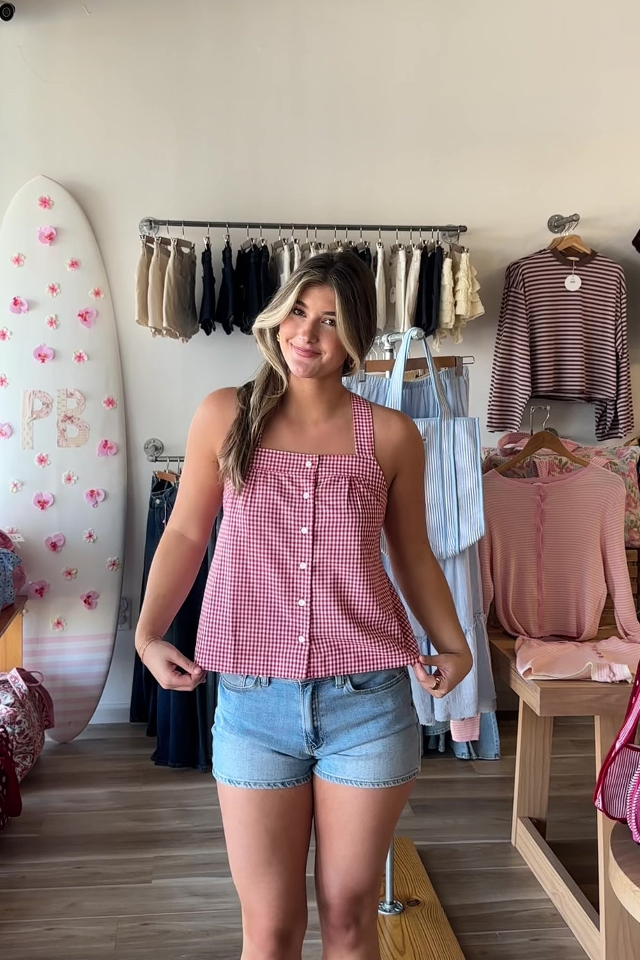 Red, gingham tank top with square neckline, button front, and crossed back straps
Virginia Beach Boutique, 757 Boutique, Online Shopping for Women, summer aesthetic, brunch outfit, vacation style, vacation outfits, beach boutique, beach fashion, beach outfits, women’s boutique clothing, boutique clothing for women, coastal cowgirl outfits, coastal aesthetic clothing, business casual, concert outfit, 2000s fashion, western outfits, july 4th outfit, patriotic top