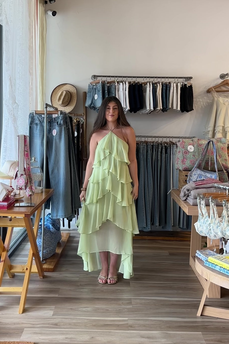 Light green, maxi dress with halter neckline, ruffled tiers, and asymmetric hem, summer maxi dress, formal dress, wedding guest dress, high low maxi dress, prom dress, graduation dress, mermaid core aesthetic, sage green ruffled maxi dress, pastel formal maxi dress 