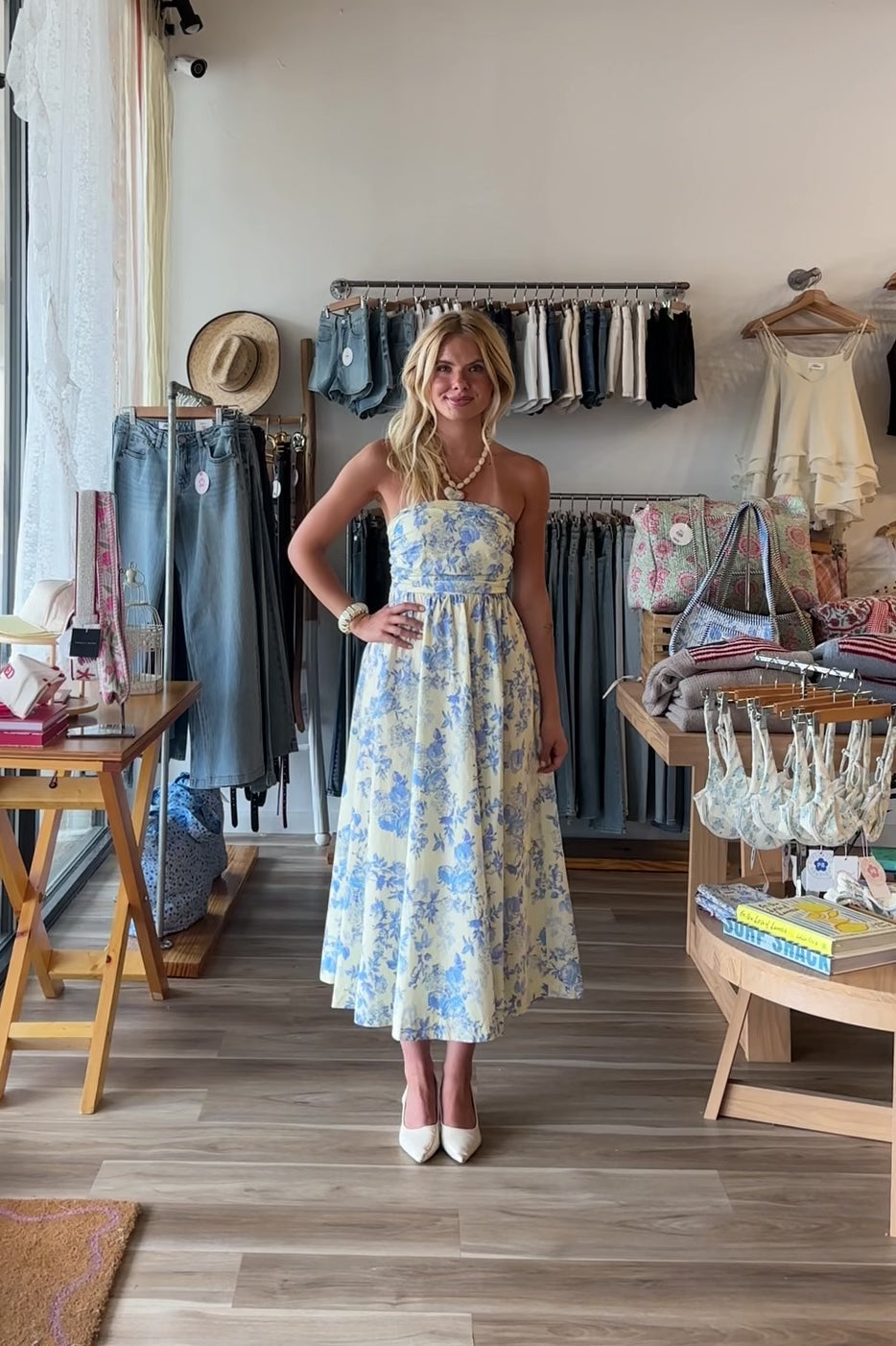 Blue, floral strapless maxi dress with ruched bust, flared hem, and smocked back, Pixelated Boutique, Women's Clothing, Virginia Beach Clothing Stores, Clothing Stores in Virginia Beach, Virginia Beach Boutique, 757 Boutique, Online Shopping for Women, summer aesthetic, brunch outfit, vacation style, vacation outfits, beach boutique