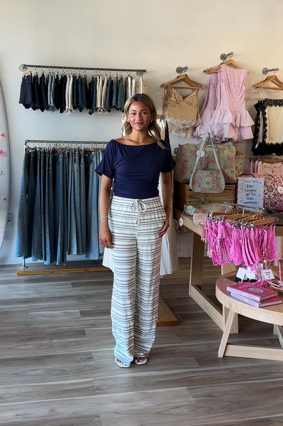 Blue, striped knit pants with drawstring, wide leg, and side pockets
Virginia Beach Boutique, 757 Boutique, Online Shopping for Women, summer aesthetic, brunch outfit, vacation style, vacation outfits, beach boutique, beach fashion, beach outfits, women’s boutique clothing, boutique clothing for women, coastal cowgirl outfits, coastal aesthetic clothing, coastal stripes, beach girl fashion