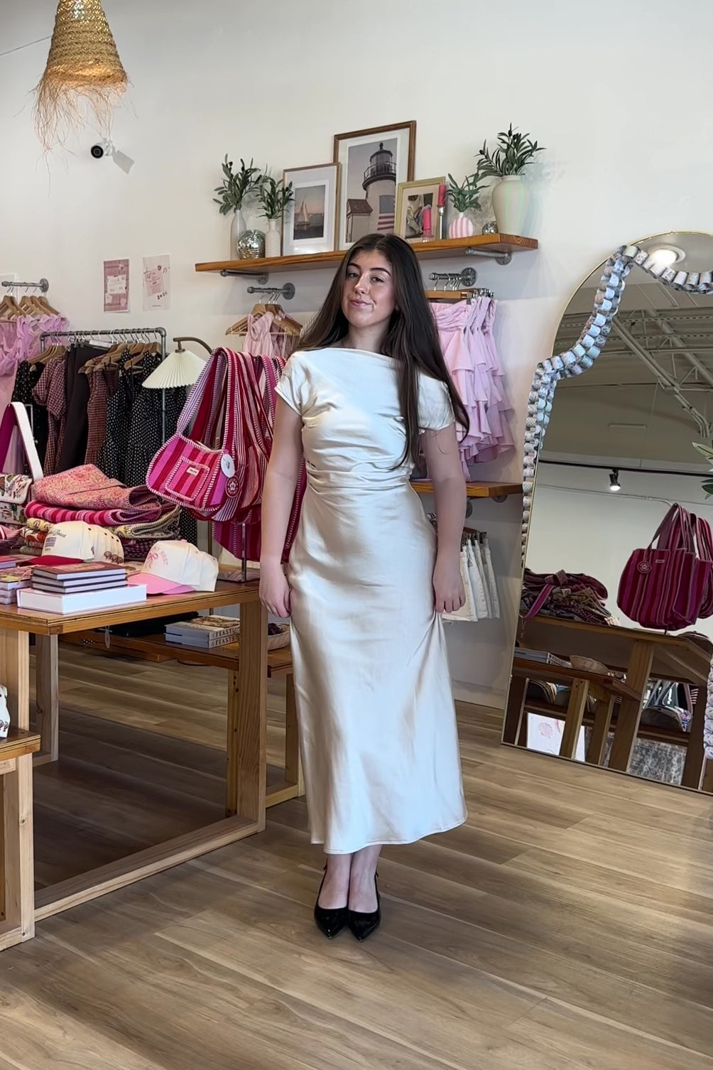 Pixelated Boutique, Women's Clothing, Online Shopping for Women, Fashion Trends 2026, Outfit Inspo, Virginia beach clothing stores, clothing stores in Virginia Beach, fashion outfits, fashion Inspo, women’s outfit 2026, outfit ideas, fashion, spring aesthetic, women’s spring outfit, spring style, spring break, cream dress, high neck dress, satin dress, classy dress