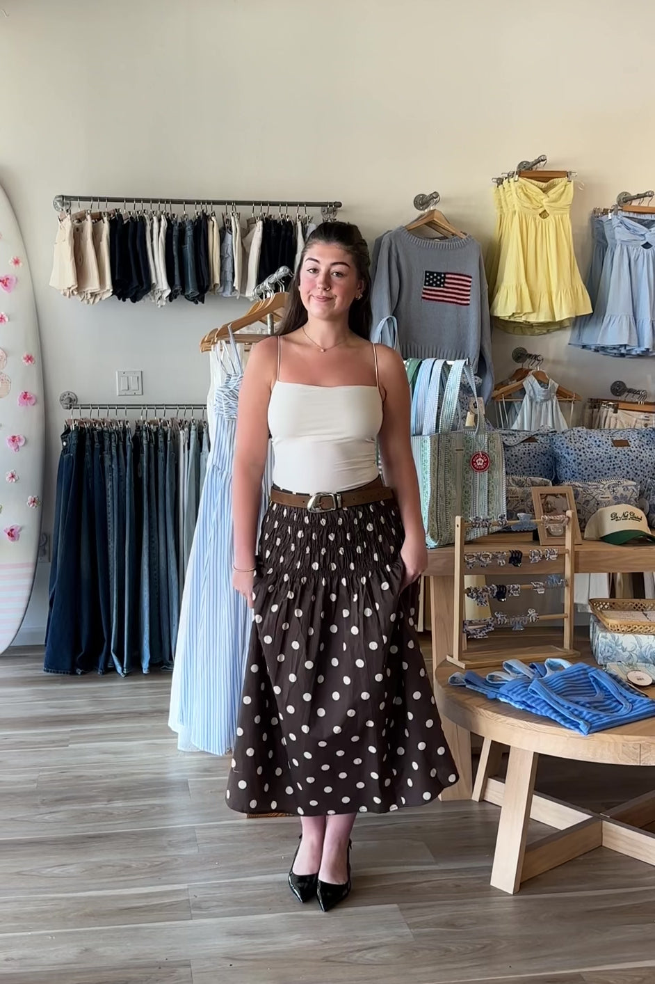 Brown, polka dot midi skirt with drop waist and ruching smocked waistline, sleepy cowgirl, western fashion, coachella aesthetic
Pixelated Boutique, Women's Clothing, Virginia Beach Clothing Stores, Clothing Stores in Virginia Beach, Virginia Beach Boutique, 757 Boutique, Online Shopping for Women, summer aesthetic, spring break, vacation style, vacation outfits, beach boutique, beach fashion, beach outfits, women’s boutique clothing, boutique clothing for women, coastal cowgirl