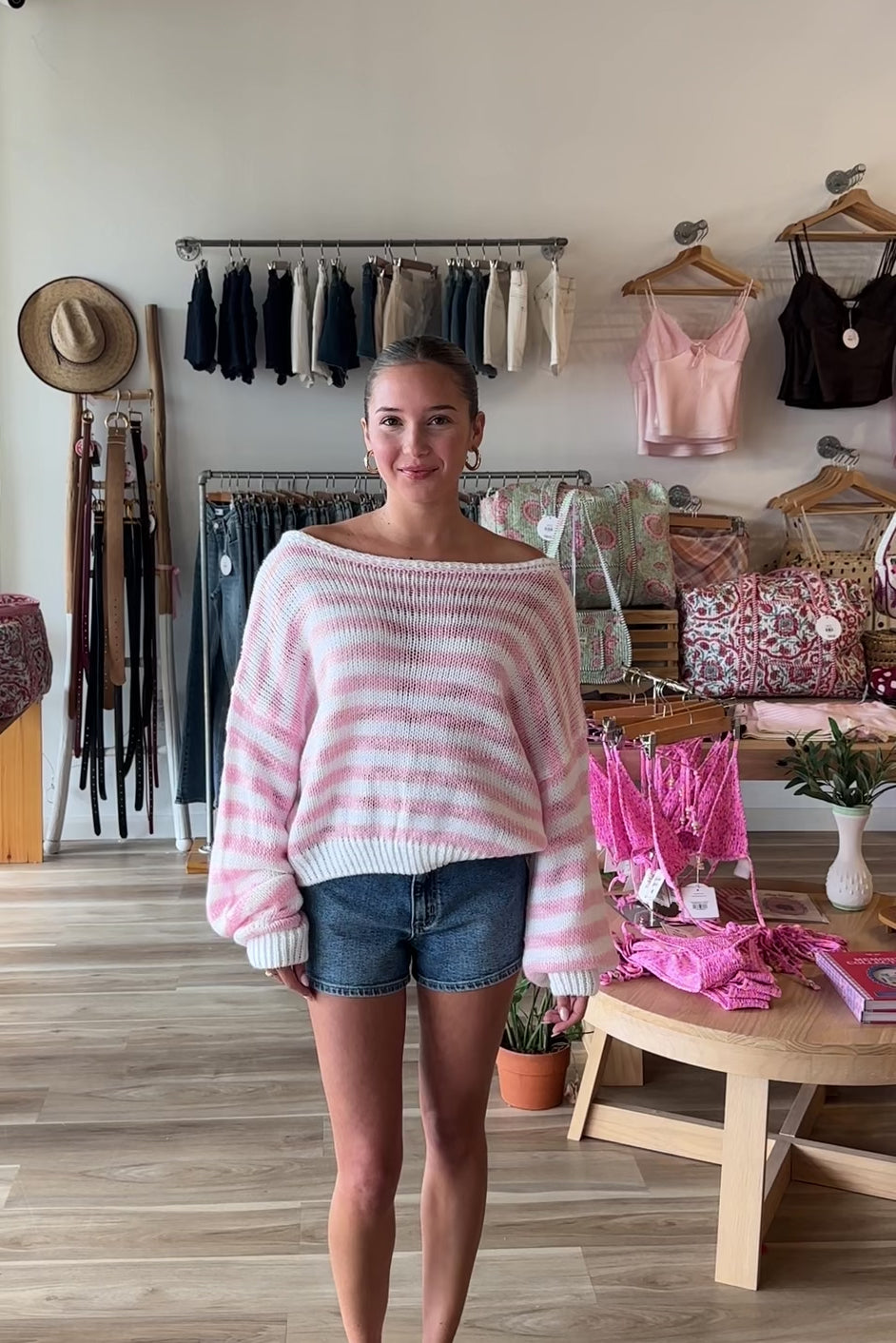 Pink, striped sweater with off shoulder neckline, oversized fit, and ribbed hem, cozy cropped sweater, pink stripes, beach sweater, coastal cowgirl, beach fashion, beach boutique, Virginia Beach boutique, summer fashion 2026