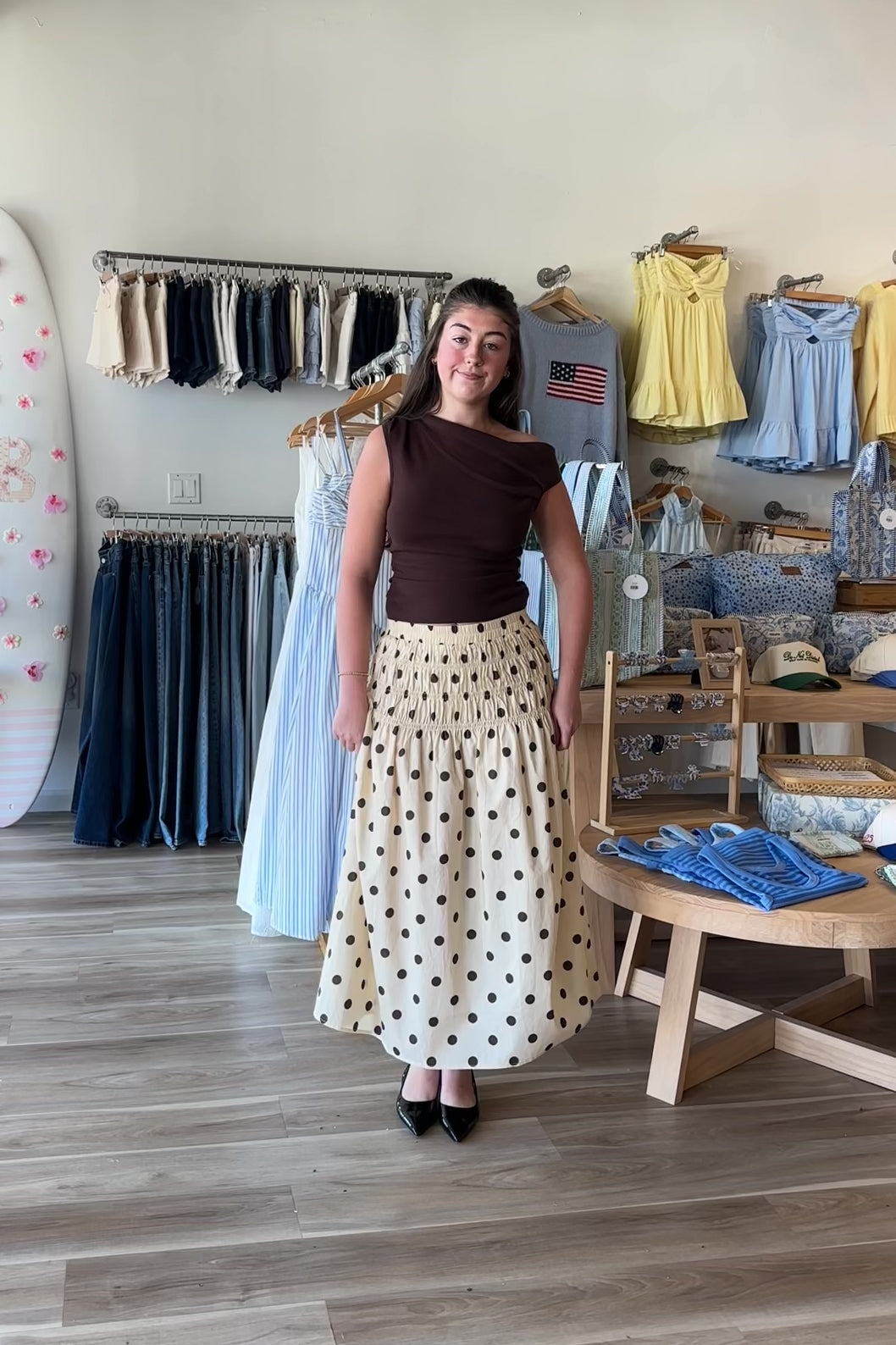 Cream, polka dot midi skirt with drop waist and ruching smocked waistline, sleepy cowgirl, western fashion, coachella aesthetic
Pixelated Boutique, Women's Clothing, Virginia Beach Clothing Stores, Clothing Stores in Virginia Beach, Virginia Beach Boutique, 757 Boutique, Online Shopping for Women, summer aesthetic, spring break, vacation style, vacation outfits, beach boutique, beach fashion, beach outfits, women’s boutique clothing, boutique clothing for women, coastal cowgirl, concert outfit