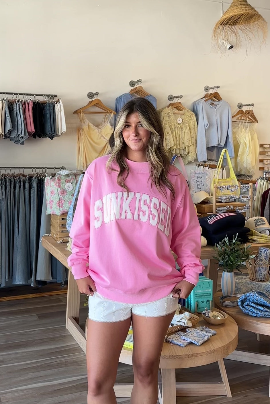Pink, embroidered sweatshirt with mock neckline and oversized fit. By Sunkissed Coconut | Pixelated Boutique,  Virginia Beach Boutique, 757 Boutique, Online Shopping for Women, Oversized Sunkissed Sweatshirt, Mock Neck Sweatshirt, Summer Sweatshirt