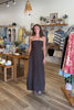 Brown, strapless linen maxi dress with flared hem and smocked back | Pixelated Boutique, Women's Clothing, Boutique Clothing for Women, Women’s Formal Dress, Women’s Occasion Dress, Maxi Dress, Wedding Guest Dress, Prom Dress, Graduation Party Dress 