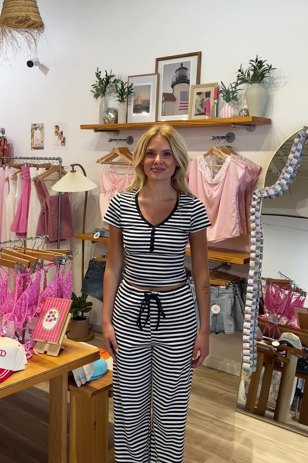 Blue, striped top with snap buttons and short sleeves, coastal striped matching set, striped lounge set, matching set for summer, co-ord lounge set, cozy summer outfit, beach fashion, summer 2026 fashion trends, trendy matching set