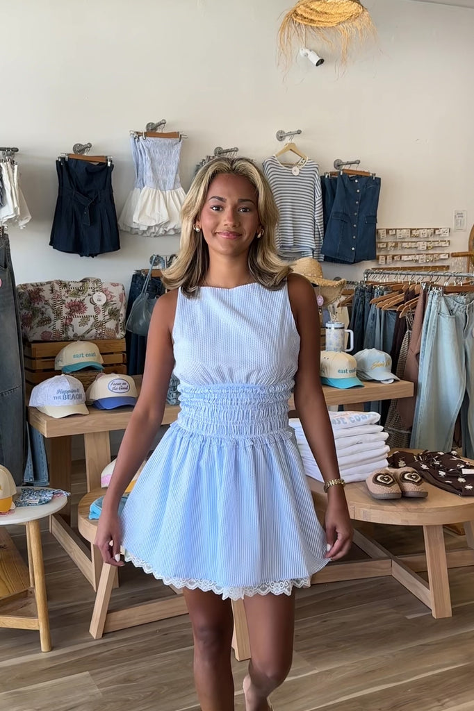 Blue pinstripe dress, Pixelated Boutique, Women's Clothing, Women's Jewelry and Gifts, Online Shopping for Women, Virginia Beach Clothing Stores, Aesthetic, East Coast Fashion Styles, Women's Clothing, Fall Fashion, Fall Outfit Ideas, Fall Fashion Inspiration, Womens Style, Outfit Inspo, Back to School Styles, OOTD, Rush Dress