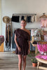 Brown, jersey mini dress with asymmetric off shoulder neckline, smocked waist, and flared skirt, Virginia Beach fashion, brunch outfit, vacation style, vacation outfits, beach boutique, beach fashion, beach outfits, women’s boutique clothing, boutique clothing for women