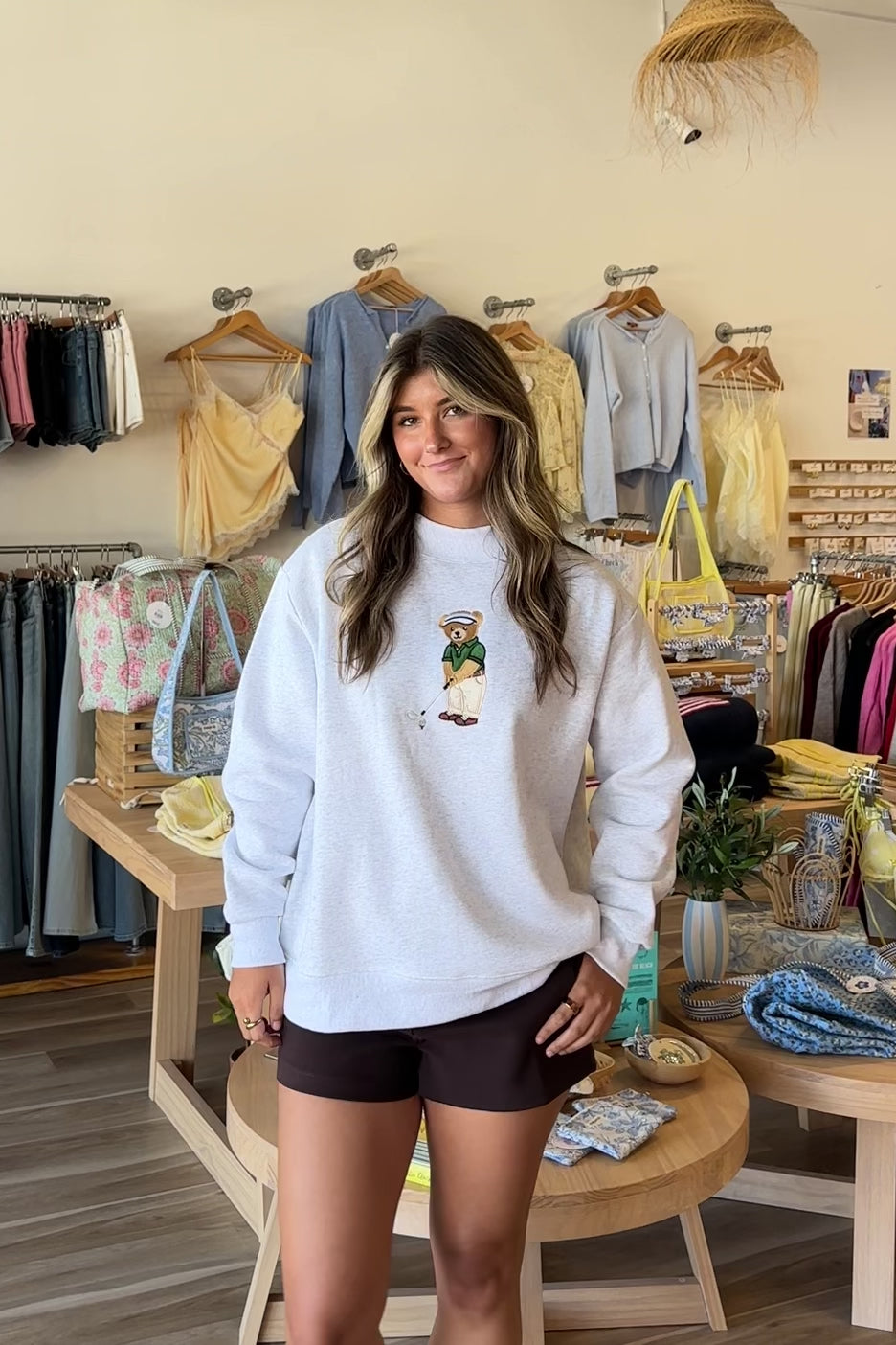 Gray, embroidered teddy bear golf sweatshirt with mock neckline and oversized fit. By Sunkissed Coconut | Pixelated Boutique, 757 Boutique, Virginia Beach Boutique, Golf outfit, embroidered mock neck, oversized mockneck sweatshirt