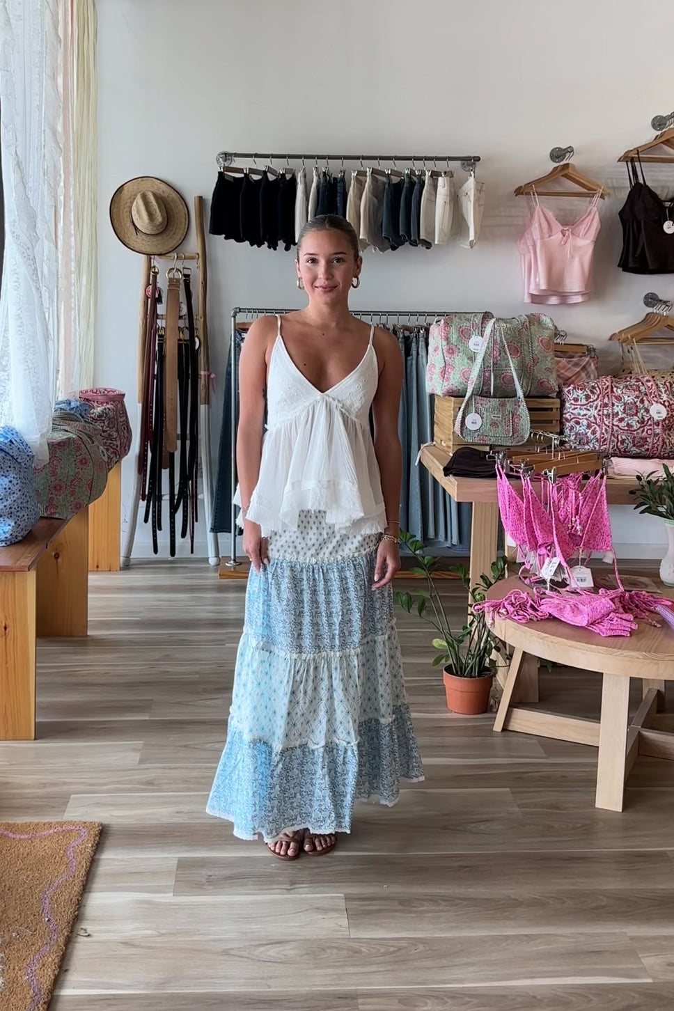 Blue, mixed floral tiered maxi skirt with elastic waistband and lining, mixed print skirt, boho style, vacation skirt, Pixelated Boutique, Women's Clothing, Virginia Beach Clothing Stores, Clothing Stores in Virginia Beach, Virginia Beach Boutique, 757 Boutique, Online Shopping for Women, summer aesthetic, brunch outfit