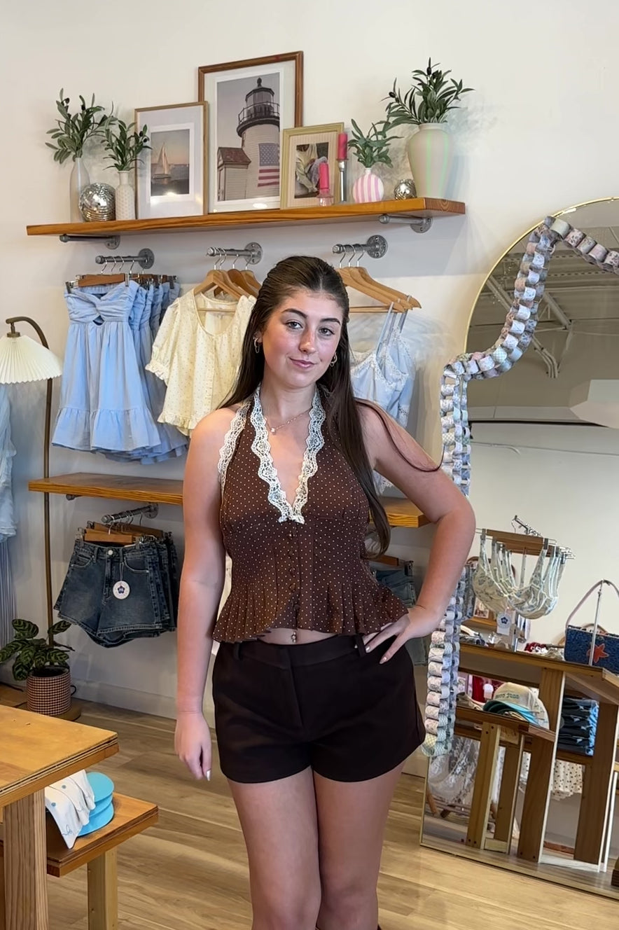 Brown, polka dot halter top with V neckline, front buttons, lace trim, smocked back, and peplum hem
757 Boutique, Online Shopping for Women, summer aesthetic, brunch outfit, vacation style, vacation outfits, beach boutique, beach fashion, beach outfits, women’s boutique clothing, boutique clothing for women, coastal cowgirl outfits, coastal aesthetic clothing, business casual, concert outfit, 2000s fashion, western outfits