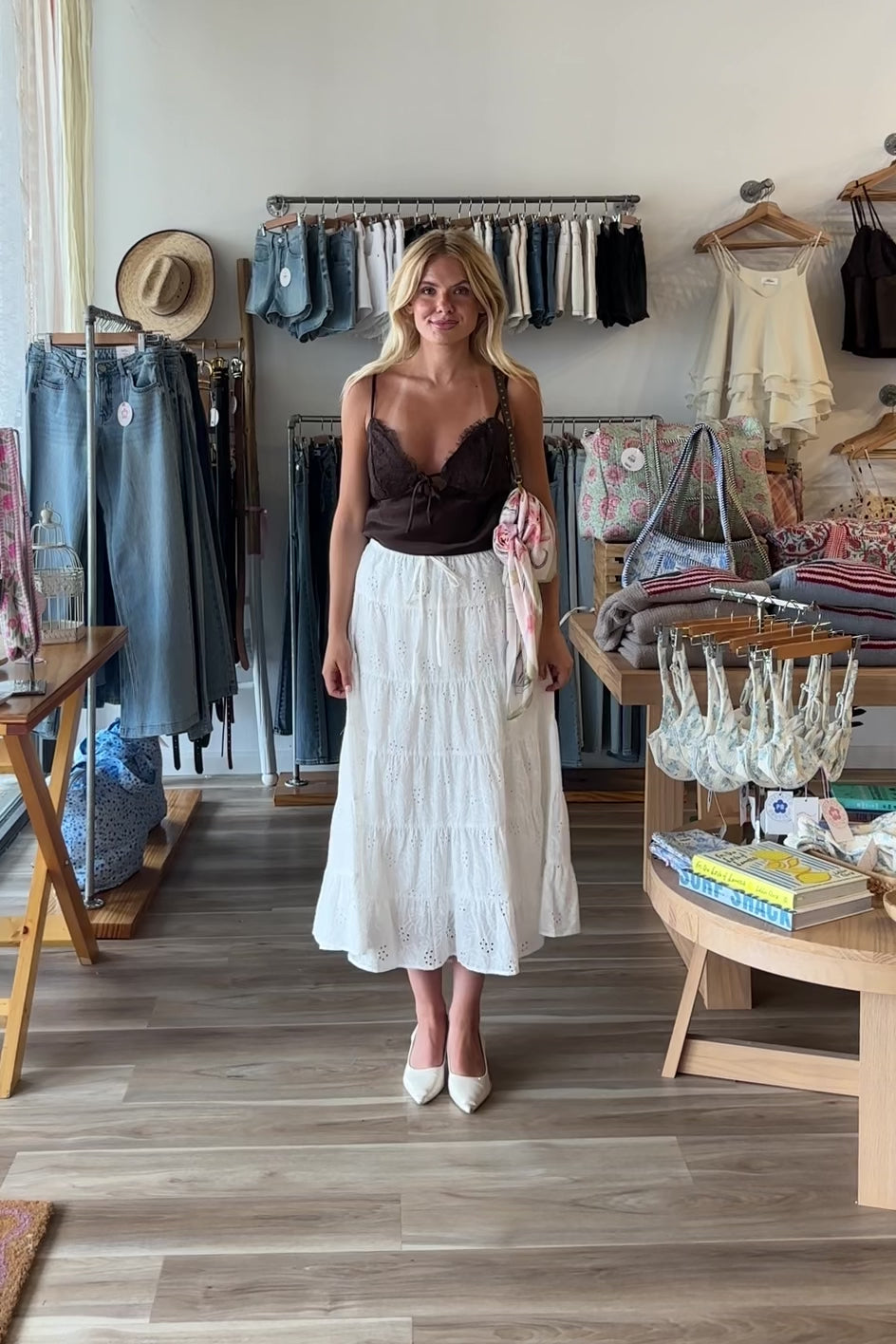 White, eyelet maxi skirt with ruffled tiers, elastic waistband, and drawstring, lace midi skirt, eyelet lace maxi skirt, summer maxi skirt, lace midi skirt for summer, bridal outfits, graduation dress, lace skirt for summer, beach fashion, coastal cowgirl aesthetic, beach girl outfits