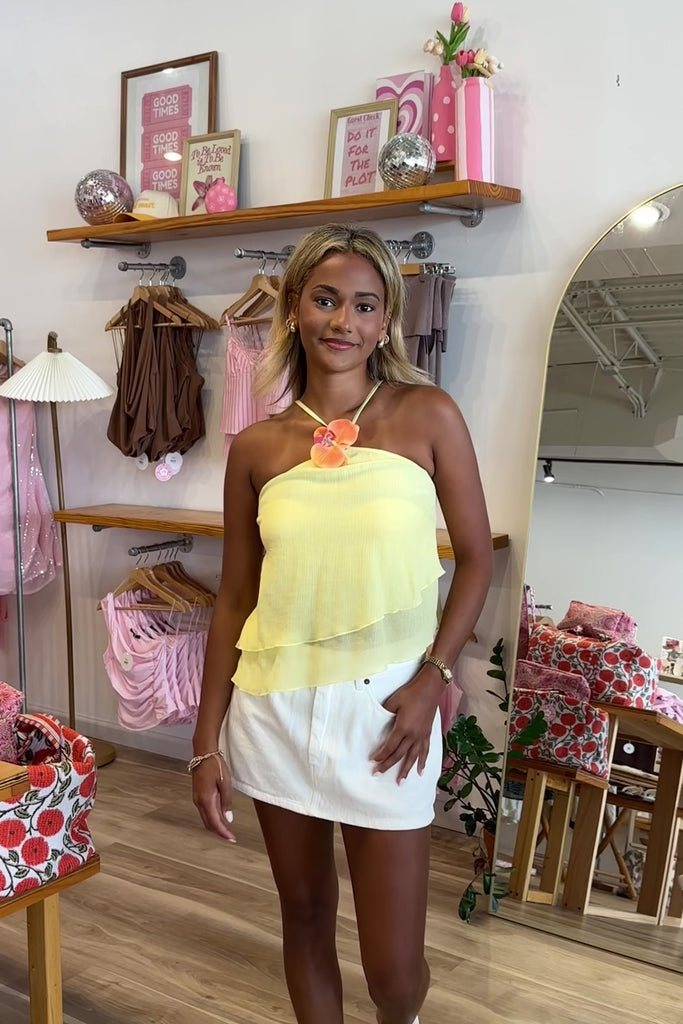Yellow Top, Orchid Detail, Pixelated Boutique, Women's Clothing, Women's Jewelry and Gifts, Online Shopping for Women, Virginia Beach Clothing Stores, Aesthetic, East Coast Fashion Styles, Women's Clothing, Fall Fashion, Fall Outfit Ideas, Fall Fashion Inspiration, Womens Style, Outfit Inspo, Back to School Styles, OOTD