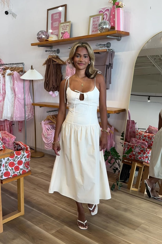  Midi Cream Dress, Pixelated Boutique, Women's Clothing, Women's Jewelry and Gifts, Online Shopping for Women, Virginia Beach Clothing Stores, Aesthetic, East Coast Fashion Styles, Women's Clothing, Fall Fashion, Fall Outfit Ideas, Fall Fashion Inspiration, Womens Style, Outfit Inspo, Back to School Styles, OOTD, Fall Dress, Rush Dress 